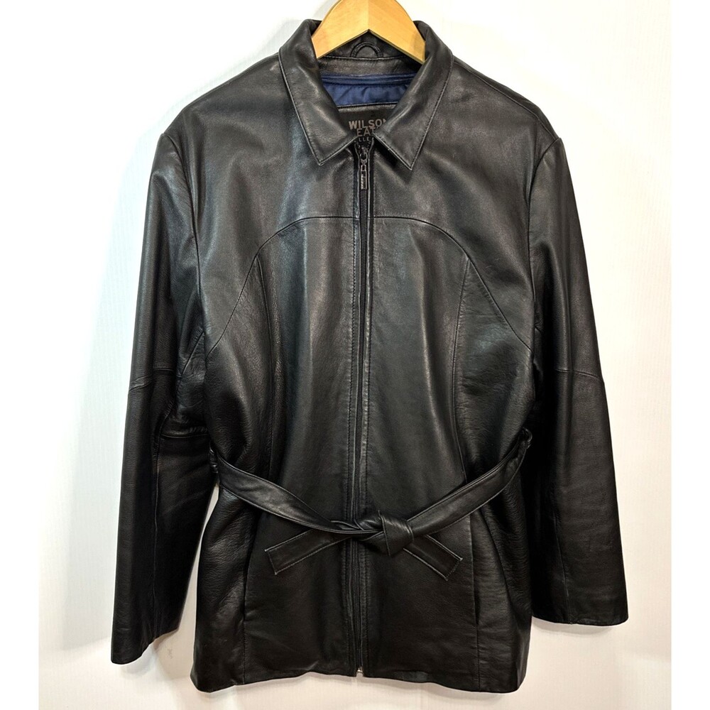 Wilsons Black Leather Jacket Mens Large Removable Liner Pockets Pelle Studio Tie